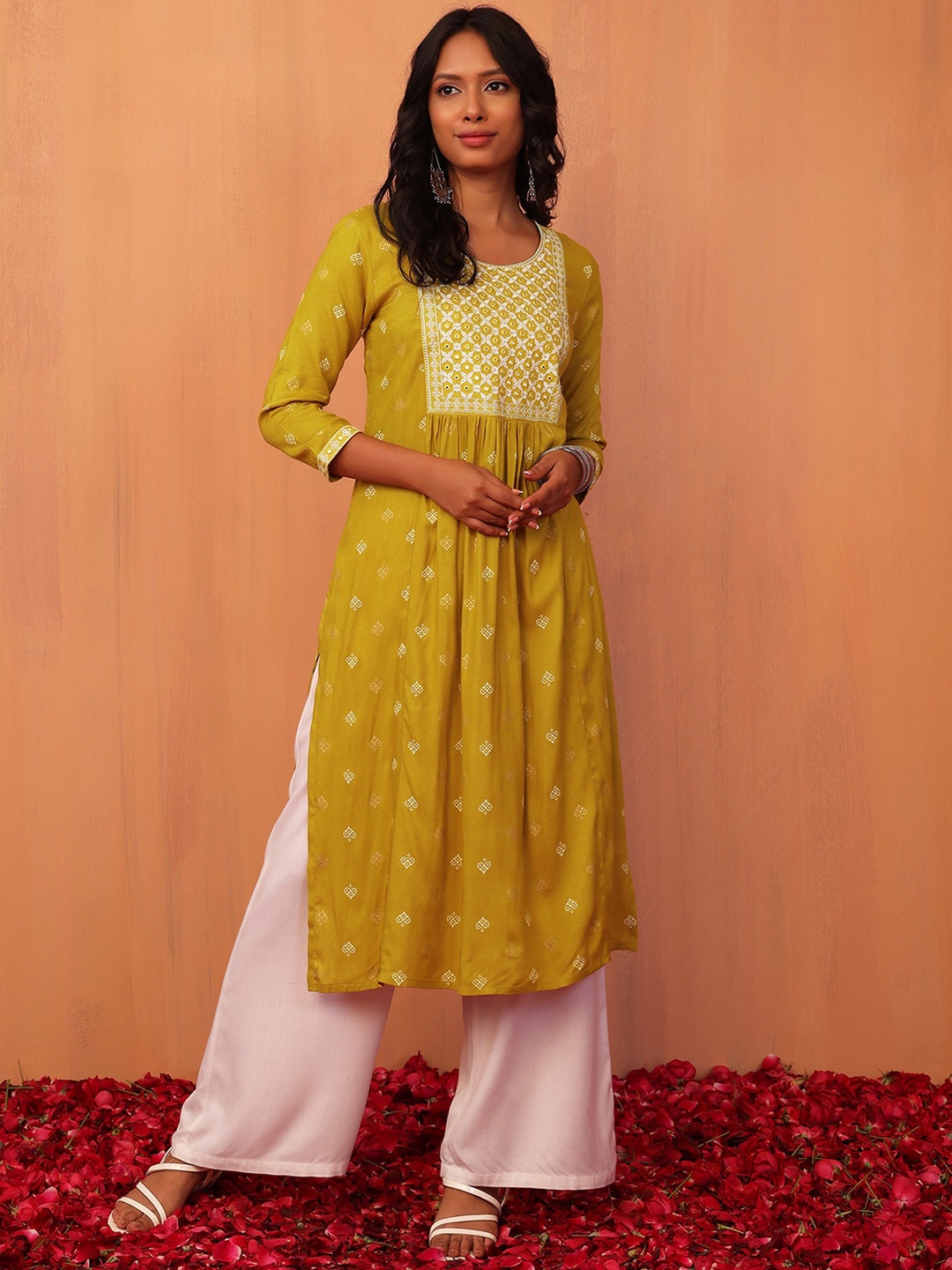 

INDYA Women Foil-Printed With Embroidered Detail A-Line Kurta, Mustard