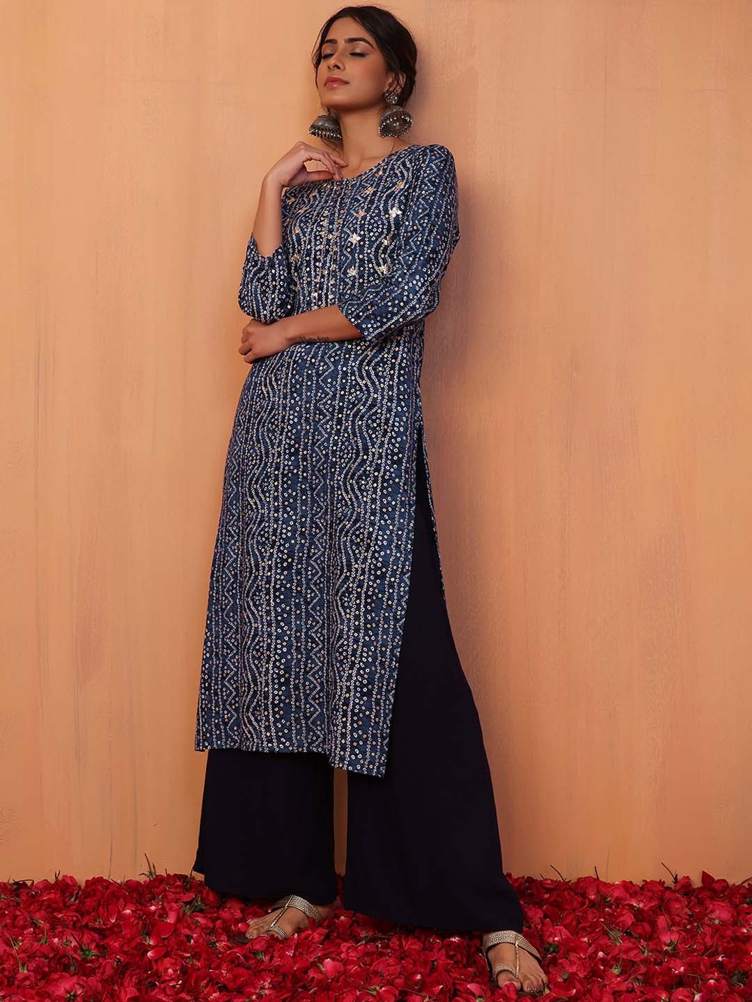 

INDYA Women Bandhani Printed With Embroidered Detail Straight Kurta, Blue