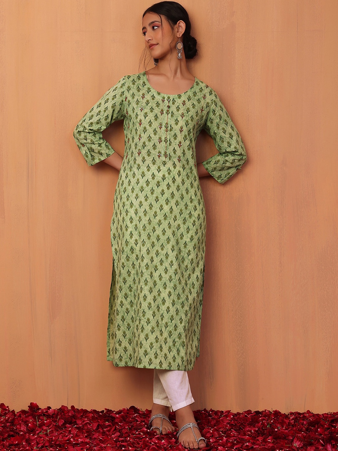 

INDYA Women Printed Pure-Cotton A-Line Kurtas, Green