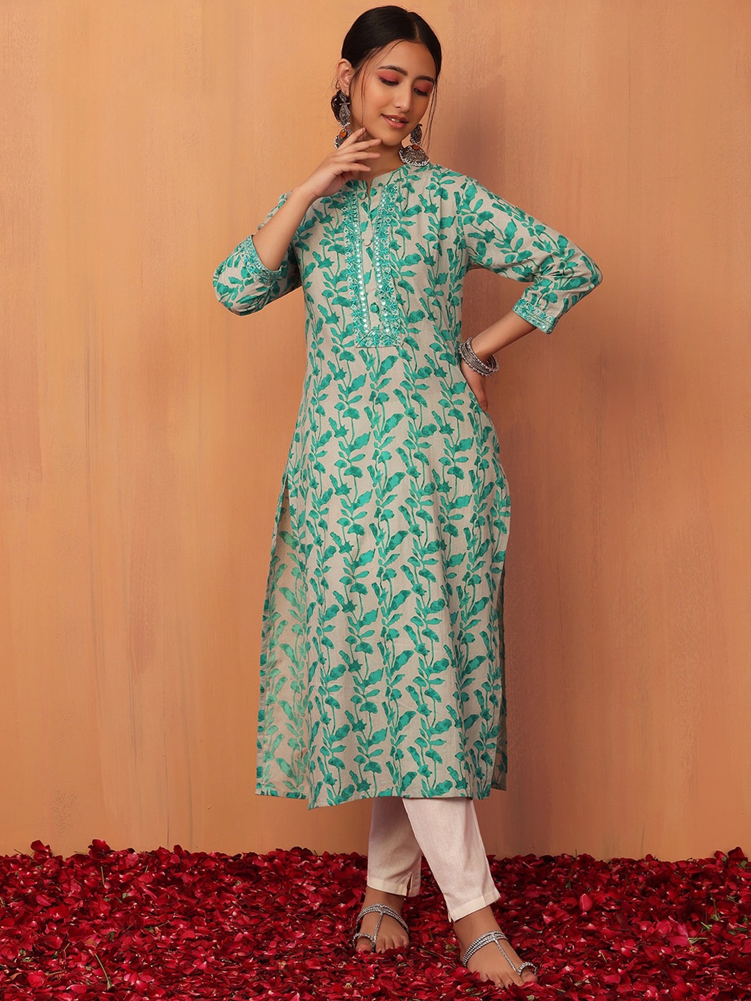 

INDYA Women Floral Printed Mirror Work Pure Cotton Straight Kurtas, Beige