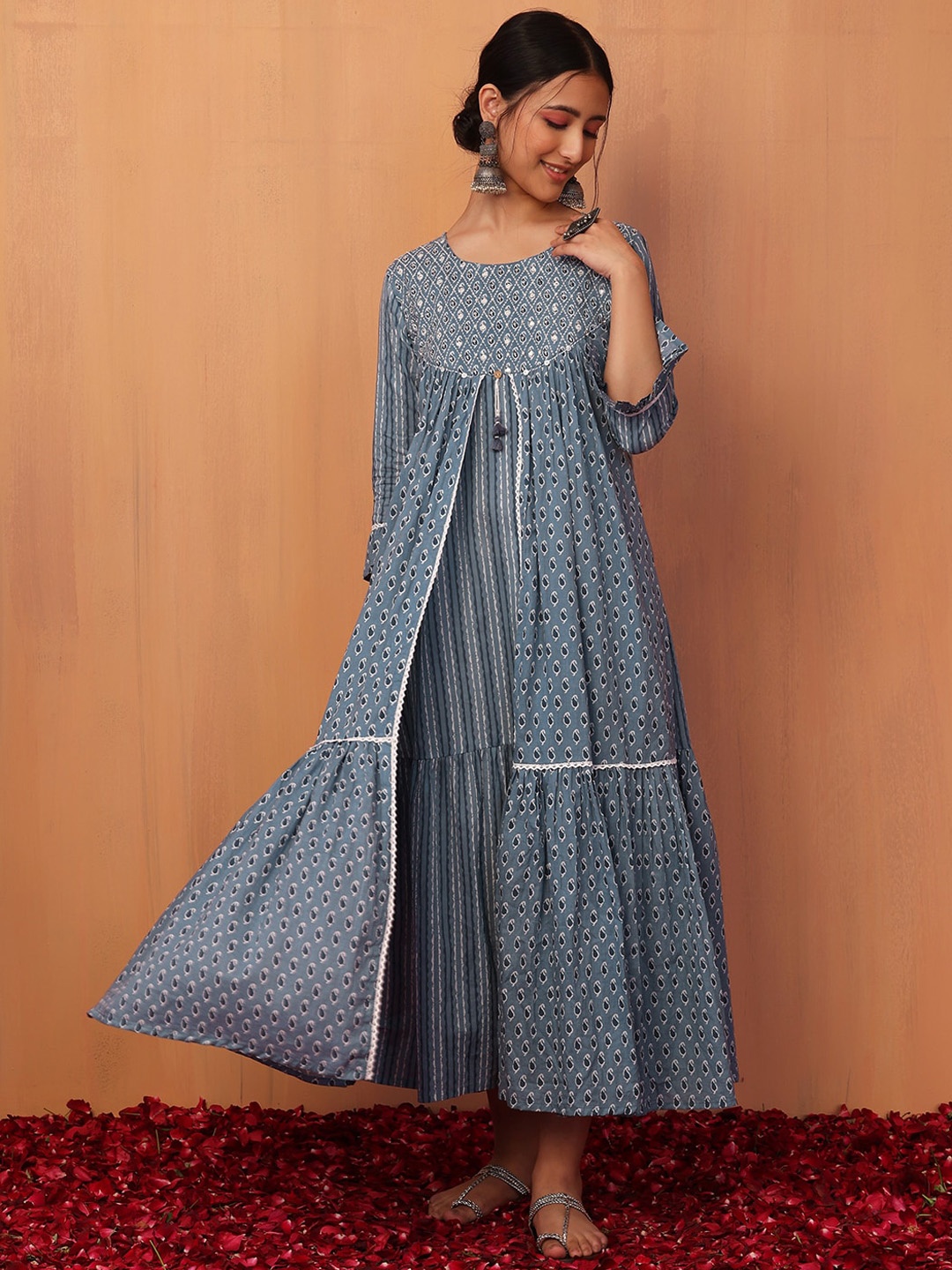 

INDYA Ethnic Motifs Printed Layered Pure Cotton Ethnic Dress, Blue