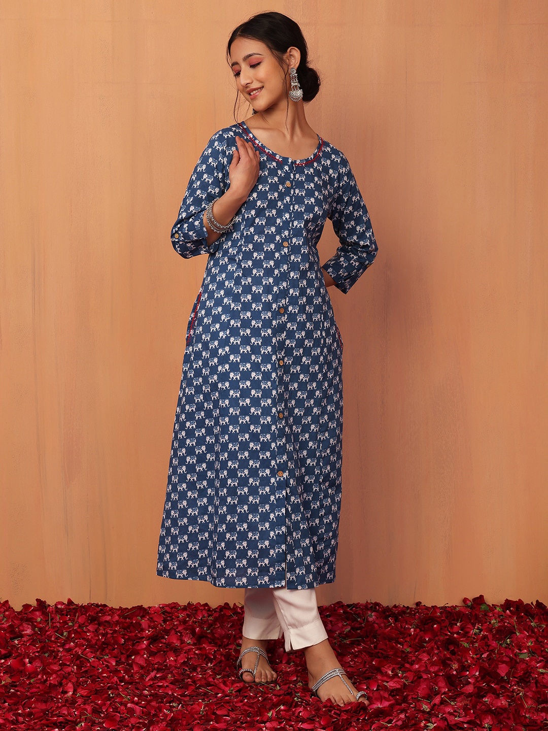 

INDYA Women Boota-Printed Pure Cotton A-Line Kurtas, Blue