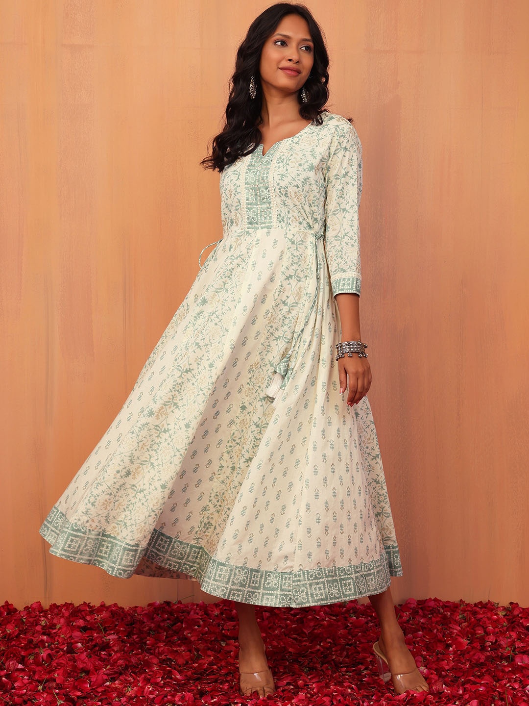 

INDYA Ethnic Motifs Printed Notched Neck Pure Cotton Ethnic Dress, White
