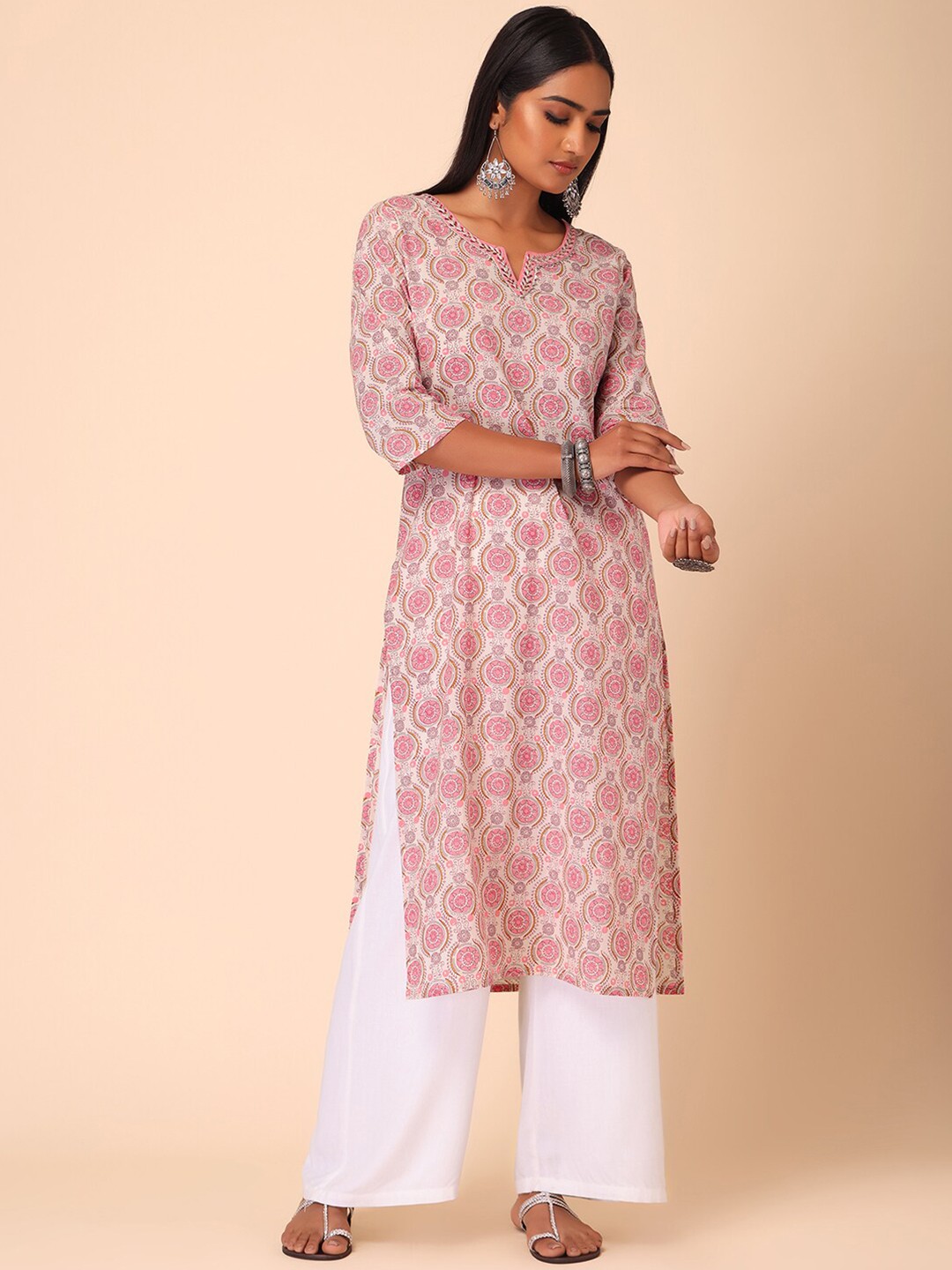 

INDYA Women Ethnic Printed Pure Cotton Straight Kurta, Off white