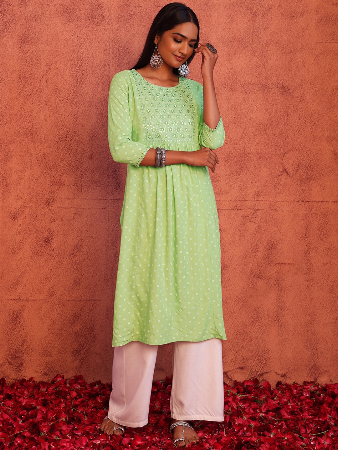 

INDYA Women Bandhana Printed Mirror Work Pleated Kurta, Green