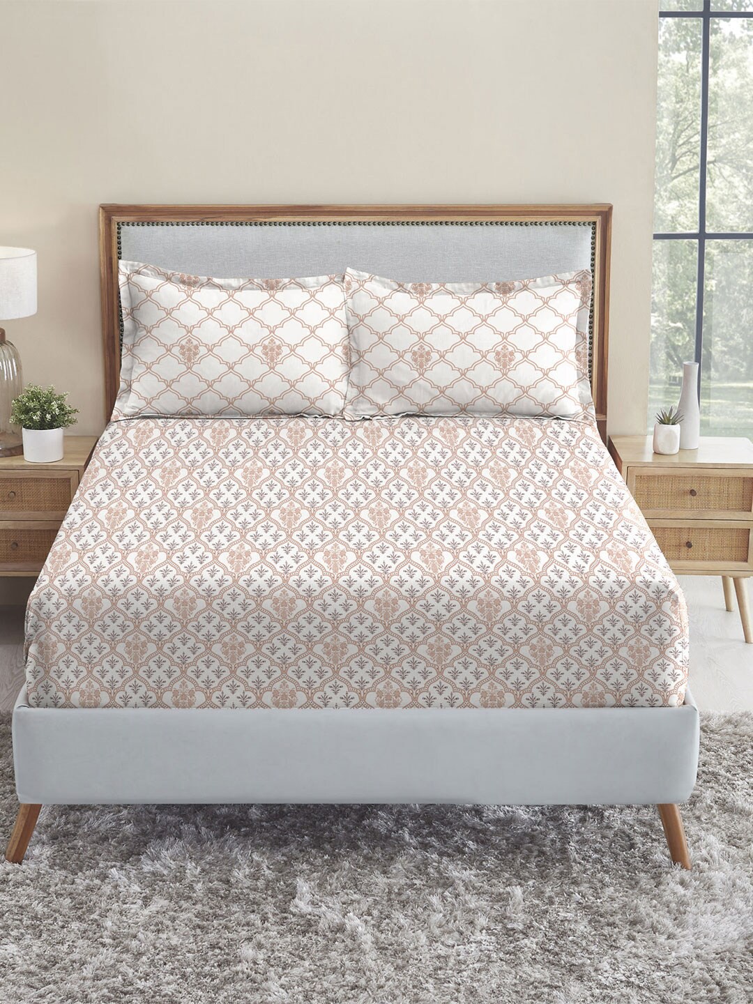 

MYTRIDENT Earth Lover Beige Floral 144 TC Cotton Flat King Bedsheet With 2 Pillow Covers