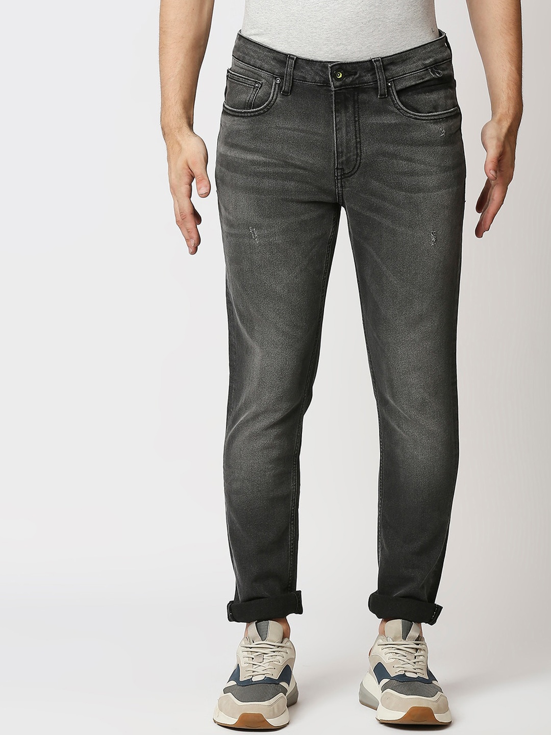 

WAIMEA Men Slim Fit Low Distress Heavy Fade Cotton Jeans, Grey