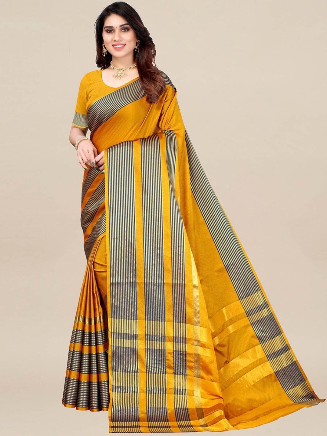 

Florence Striped Zari Art Silk Saree, Yellow