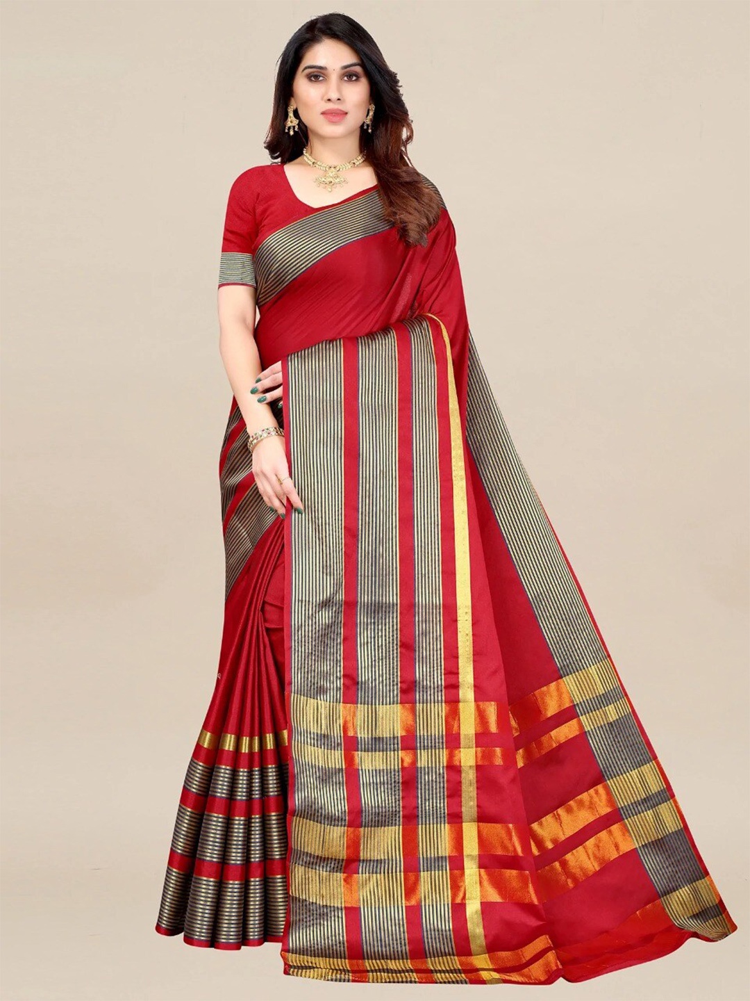 

Florence Striped Zari Art Silk Saree, Red