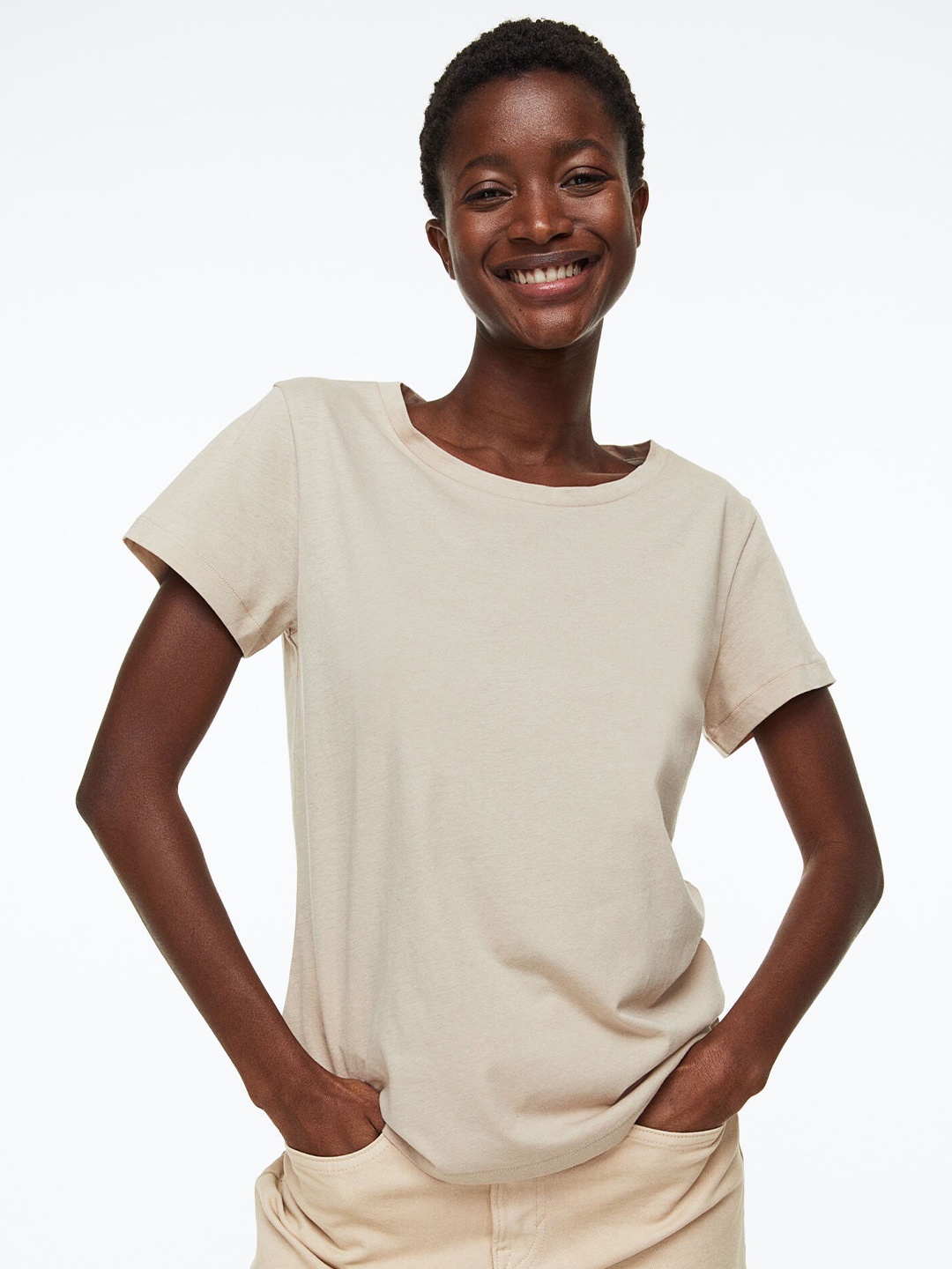 

H&M Women Cotton T-Shirt, Beige