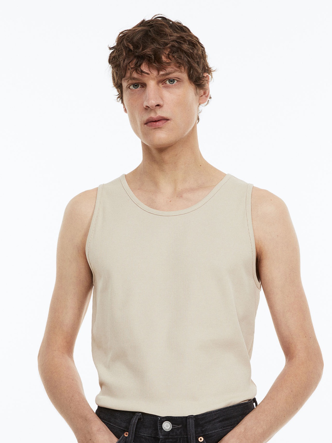 

H&M Men Ribbed Vest Top, Beige