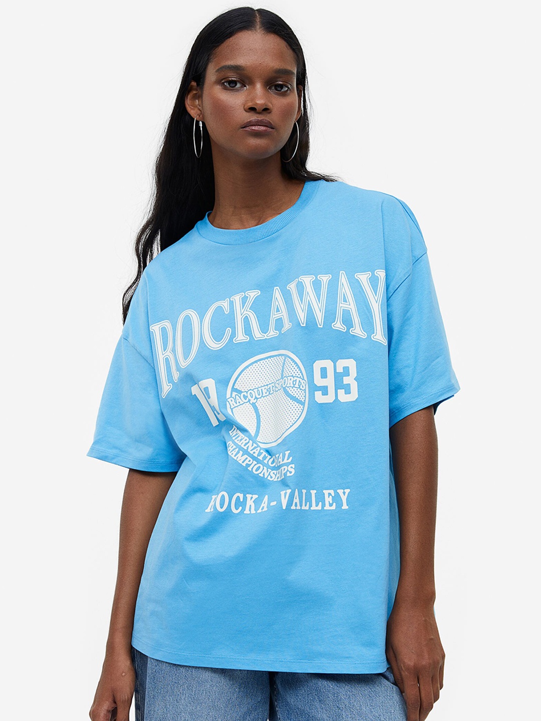 

H&M Women Oversized Printed T-Shirt, Blue