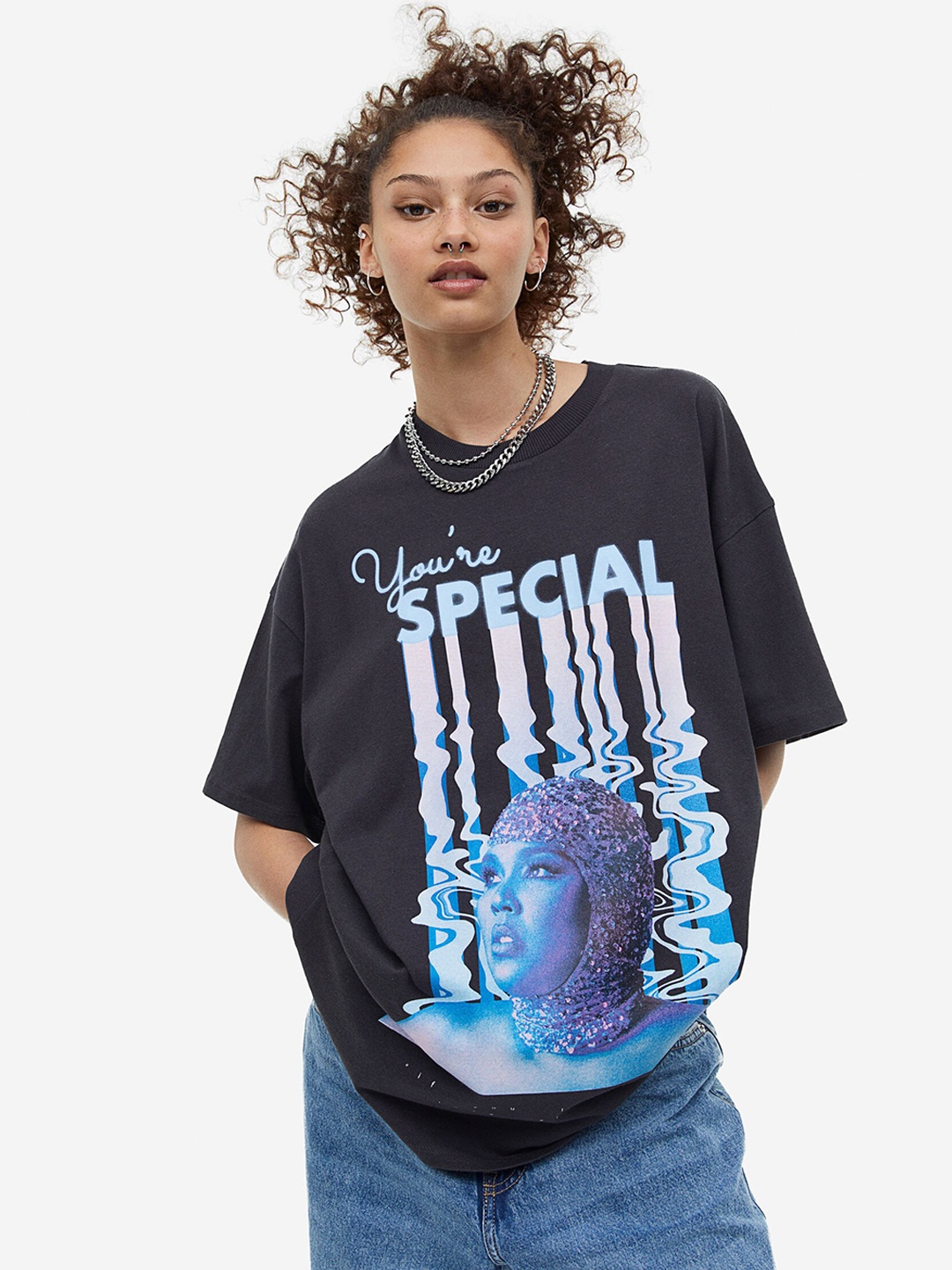 

H&M Women Oversized Printed T-Shirt, Black