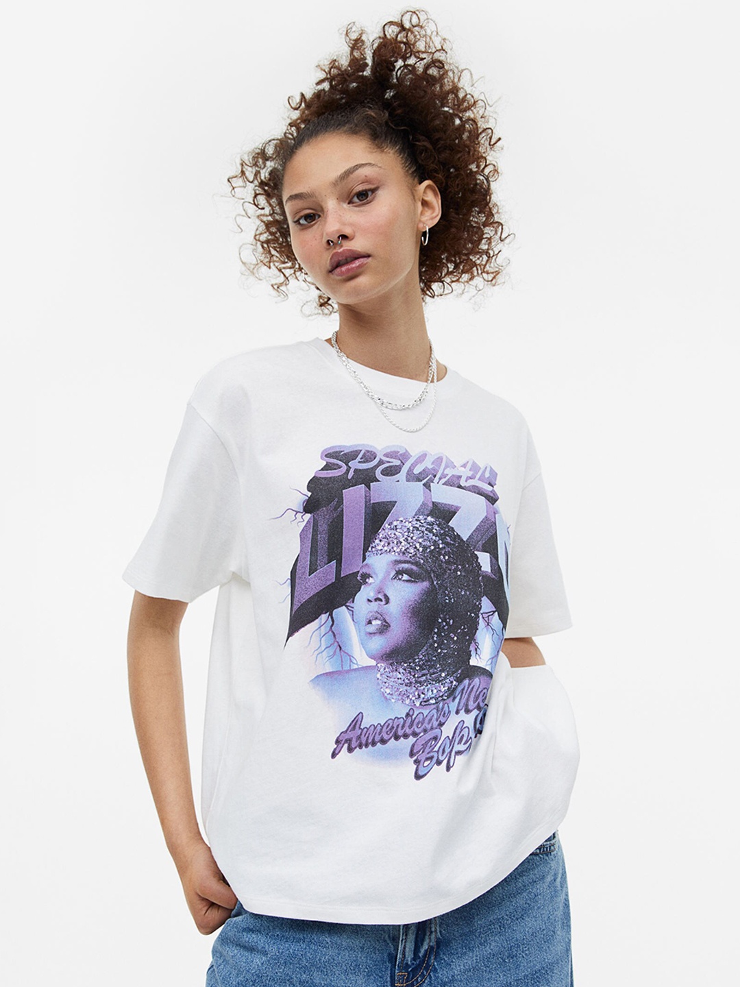 

H&M Women Oversized Printed T-Shirt, White