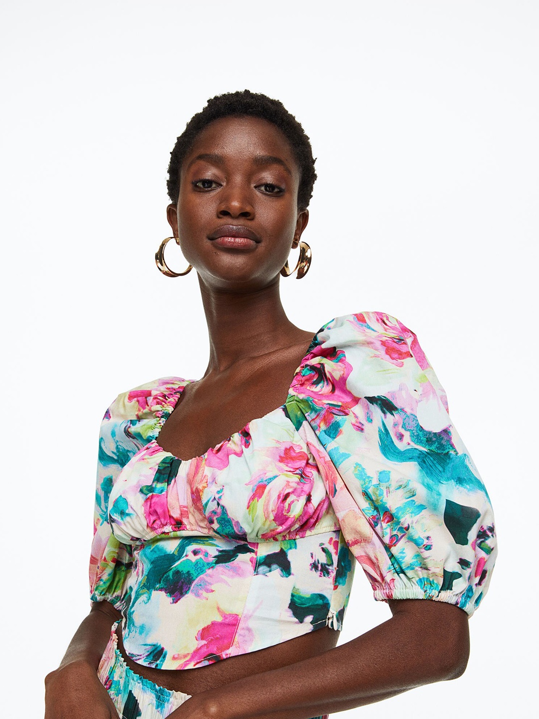 

H&M Puff-Sleeved Cotton Blouse, White