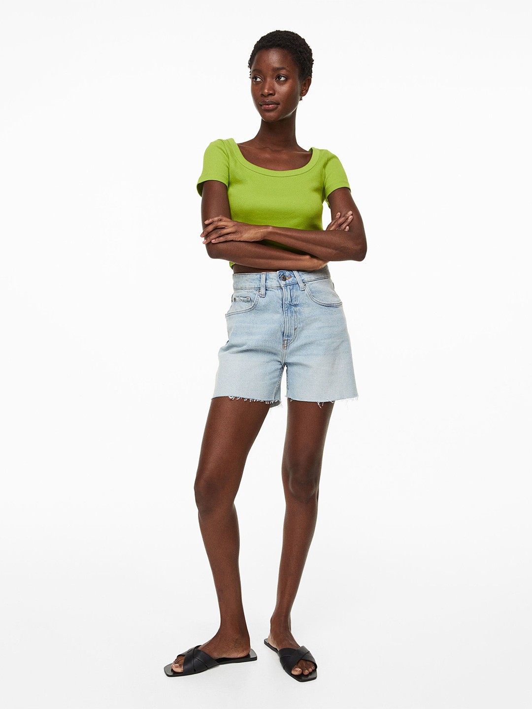 

H&M Women Ribbed Cotton Top, Green