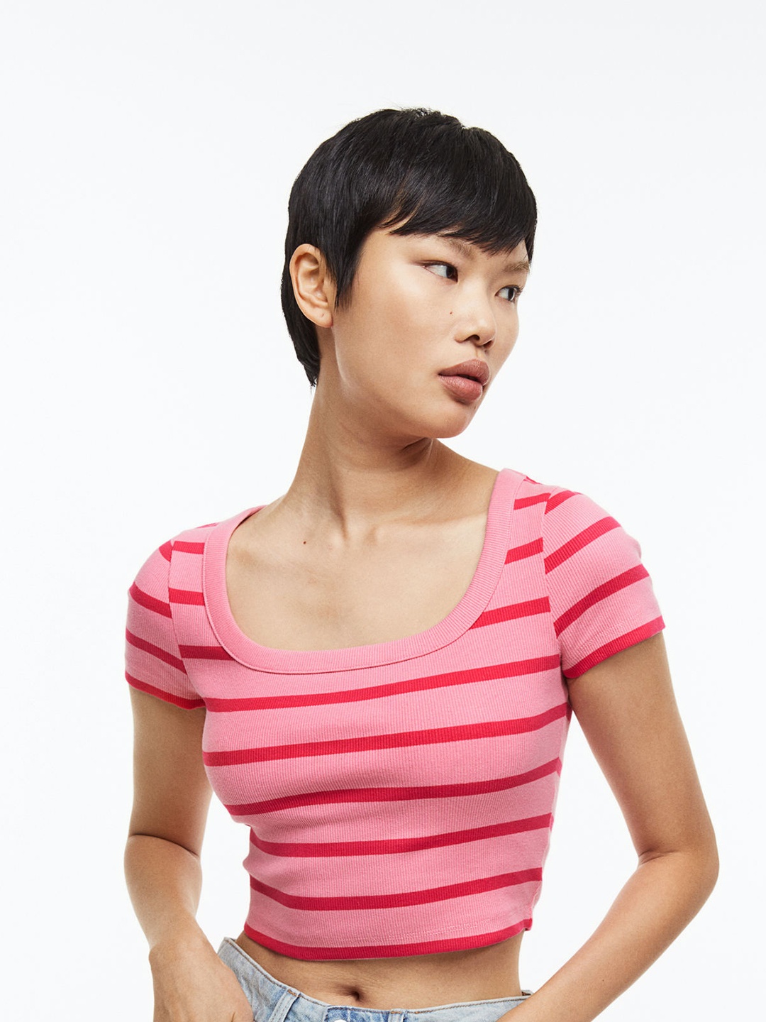 

H&M Women Ribbed Cotton Top, Pink