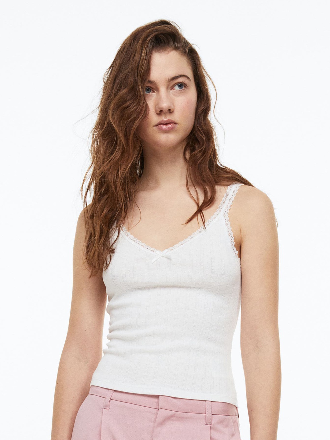 

H&M Women Lace-Trimmed Ribbed Vest Top, White