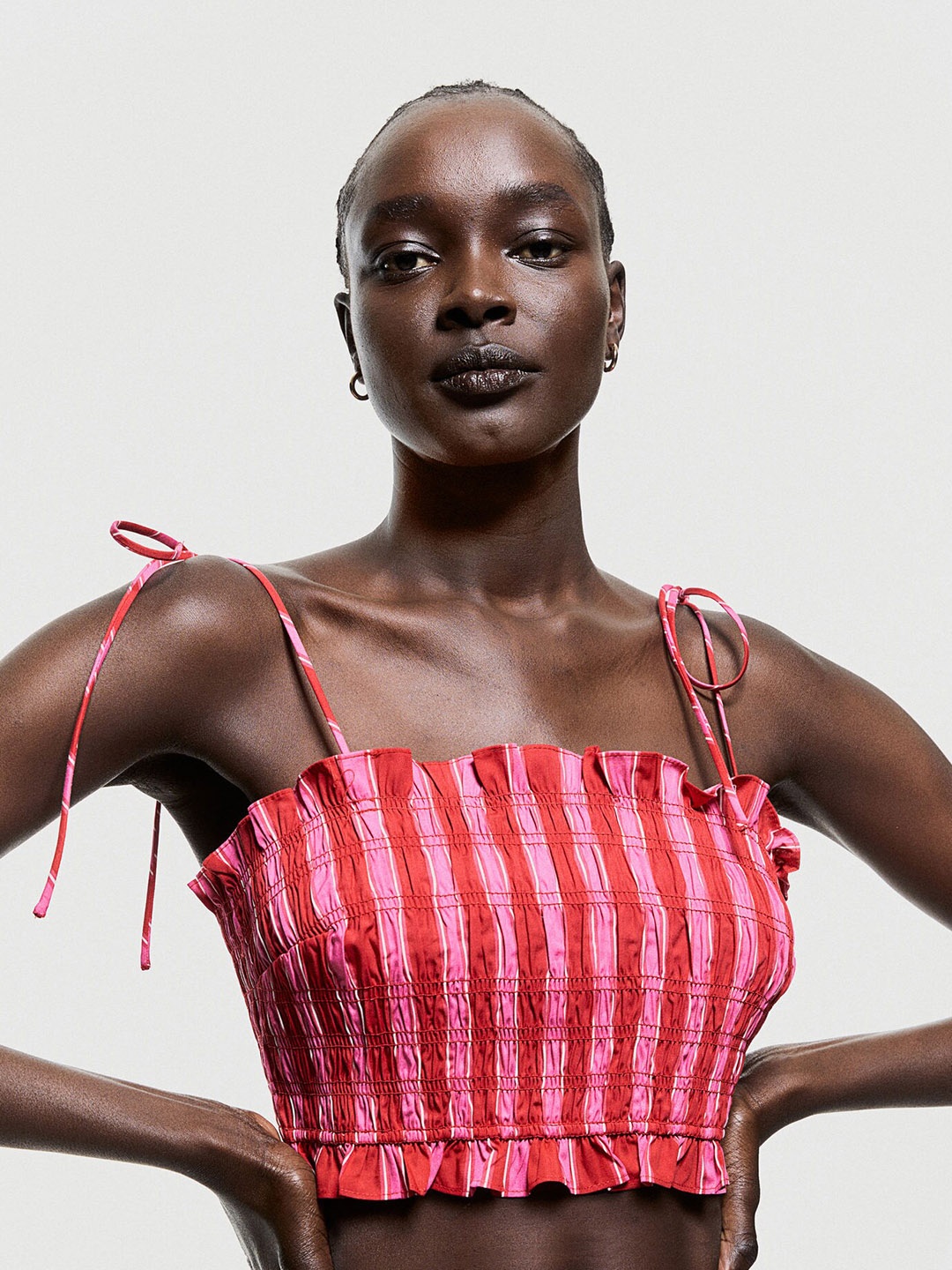 

H&M Pure Cotton Smocked Crop Top, Red