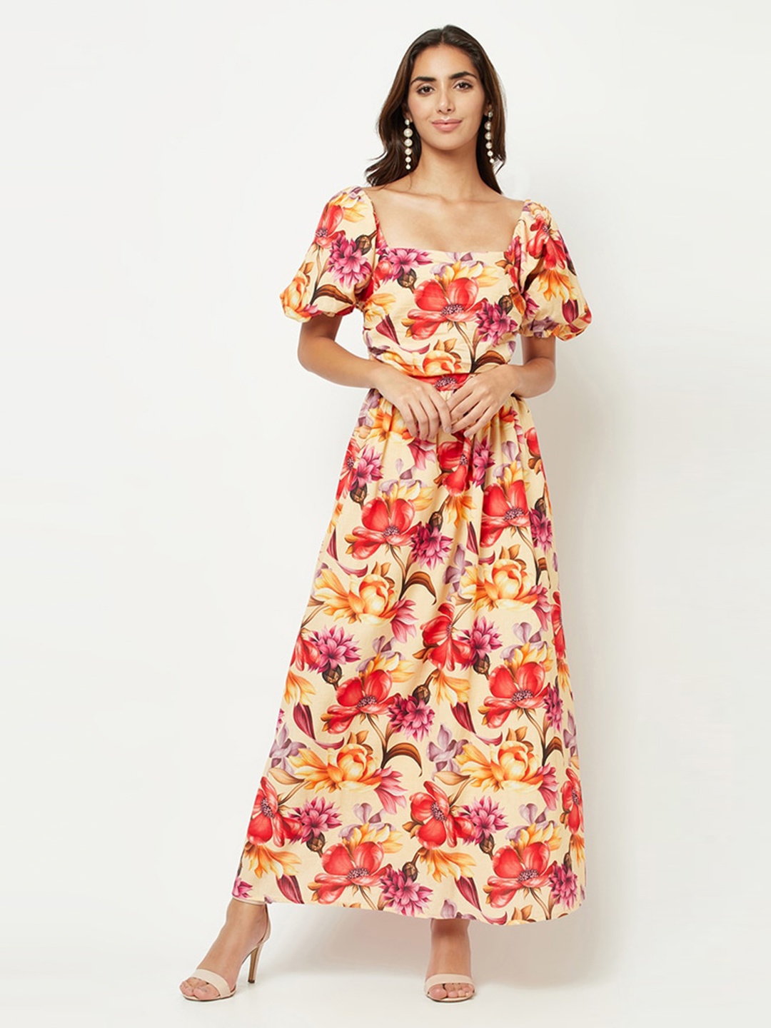 

HOUSE OF S Cream-Coloured Floral Off-Shoulder Maxi Maxi Dress