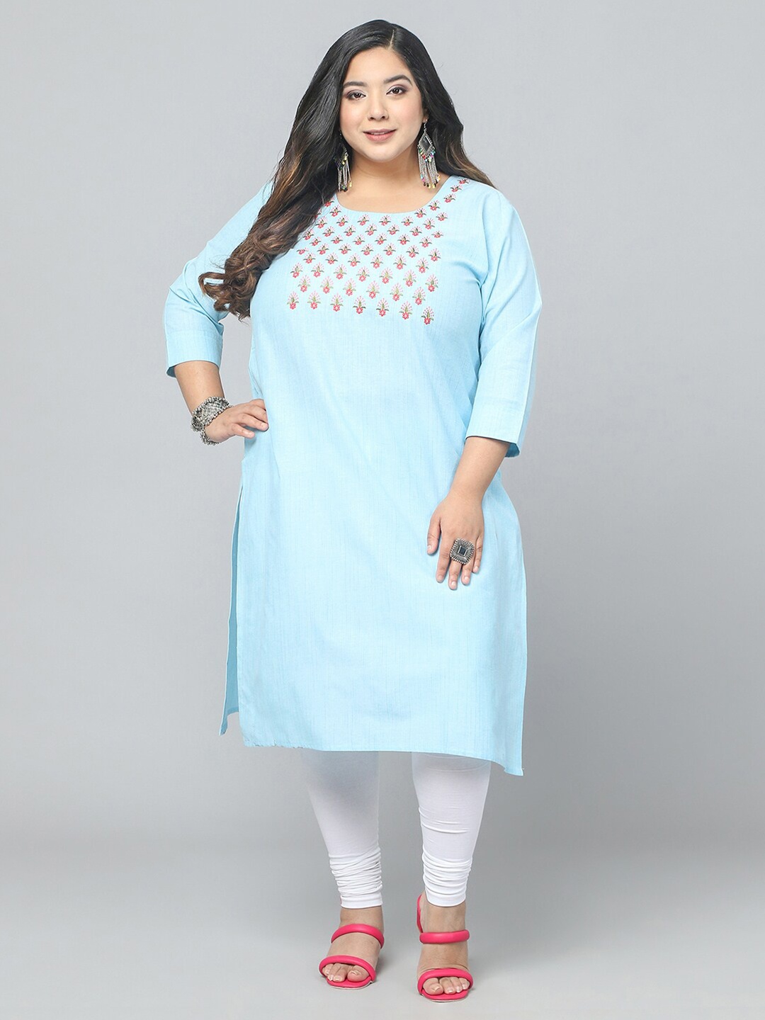 

Jevi Prints Plus Size Embroidered Pure Cotton Straight Kurta, Turquoise blue
