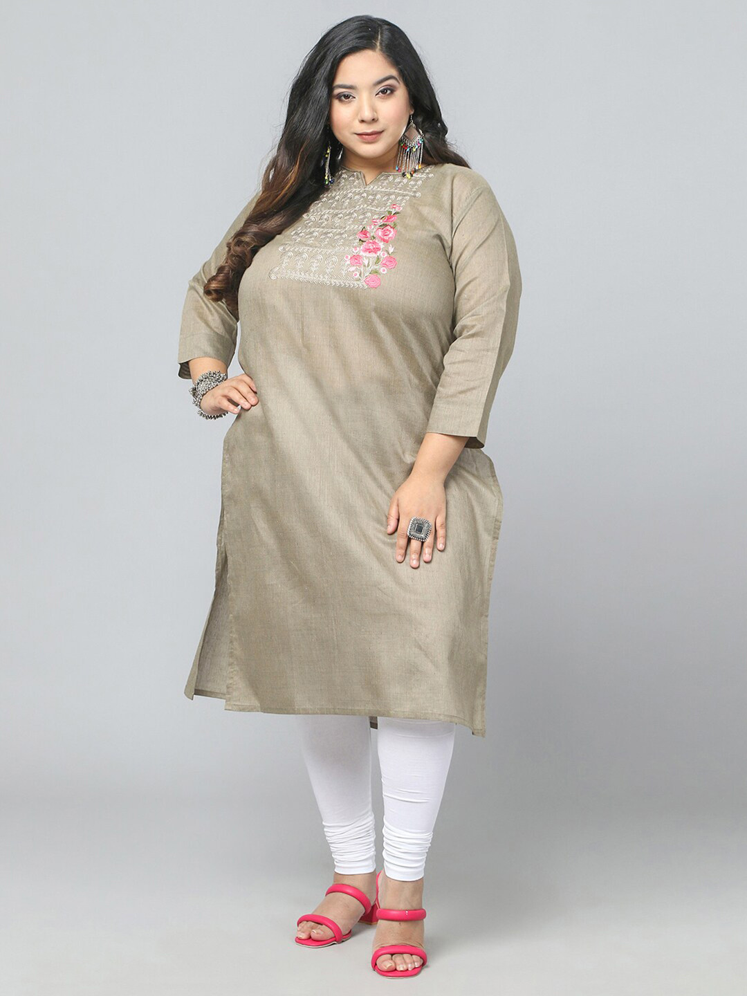 

Jevi Prints Women Plus Size Floral Yoke Design Cotton Kurta, Beige