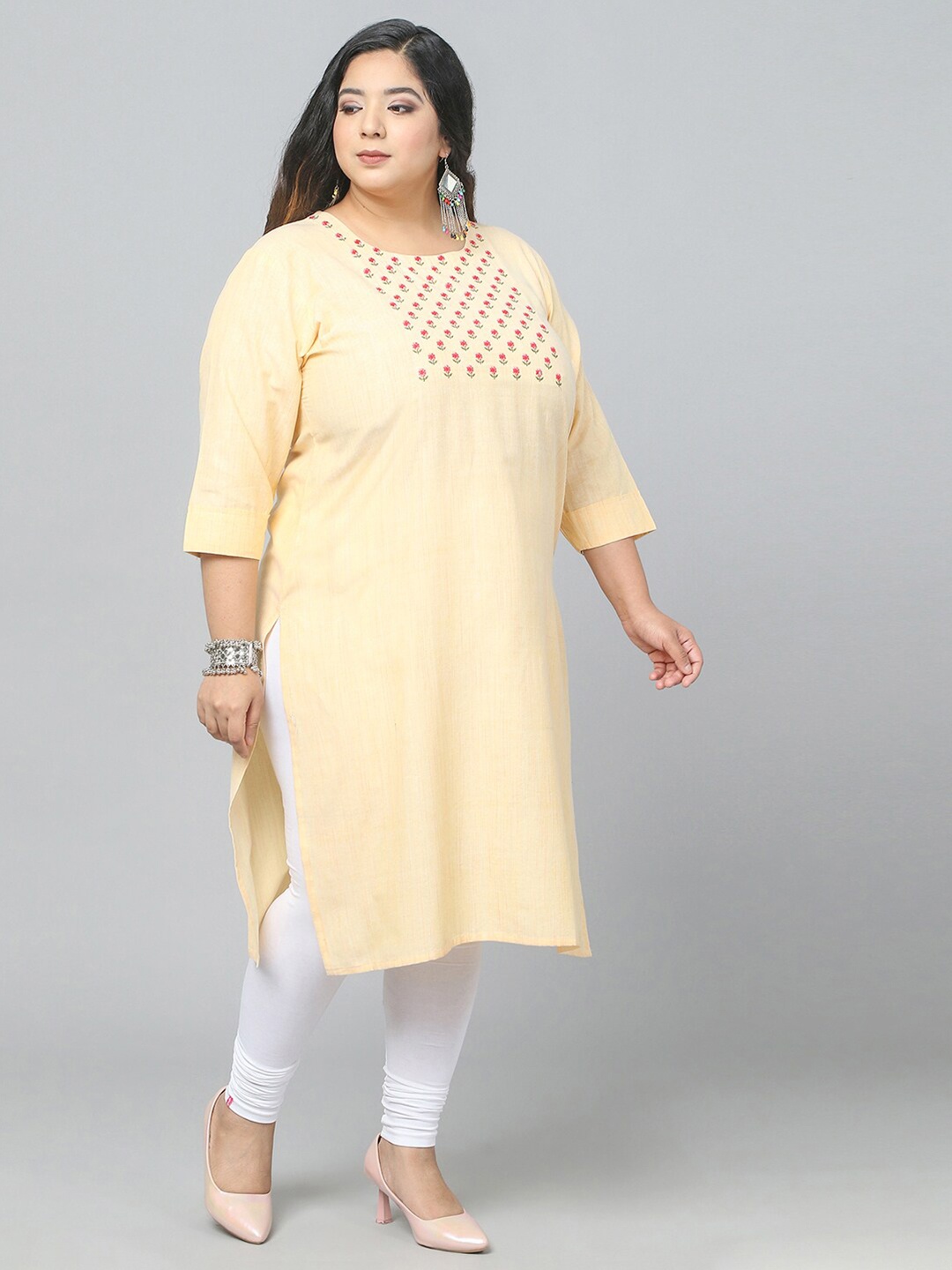 

Jevi Prints Women Plus Size Floral Embroidered Pure Cotton Straight Kurta, Yellow