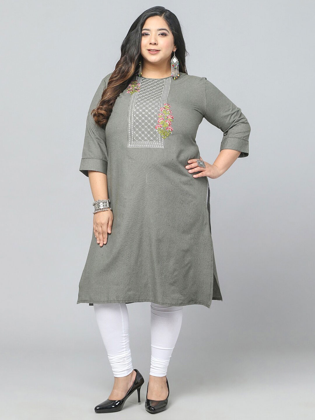 

Jevi Prints Floral Embroidered Thread Work Cotton Kurta, Grey