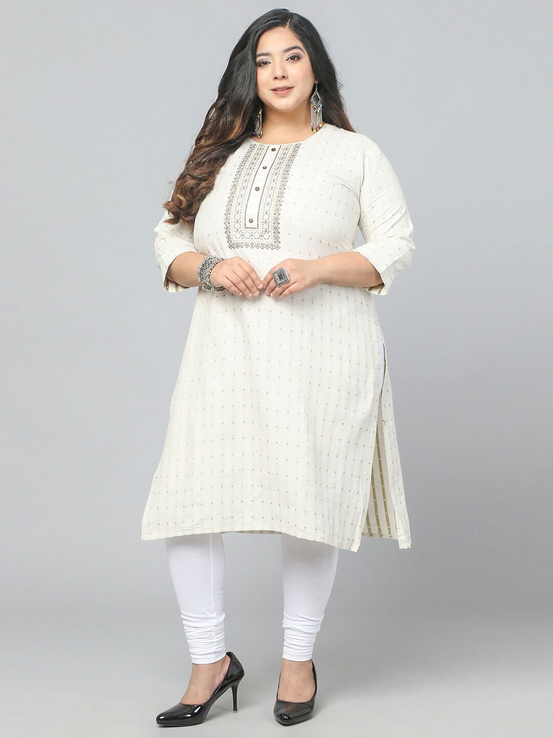 

Jevi Prints Women Plus Size Floral Embroidered Straight Kurta, Beige