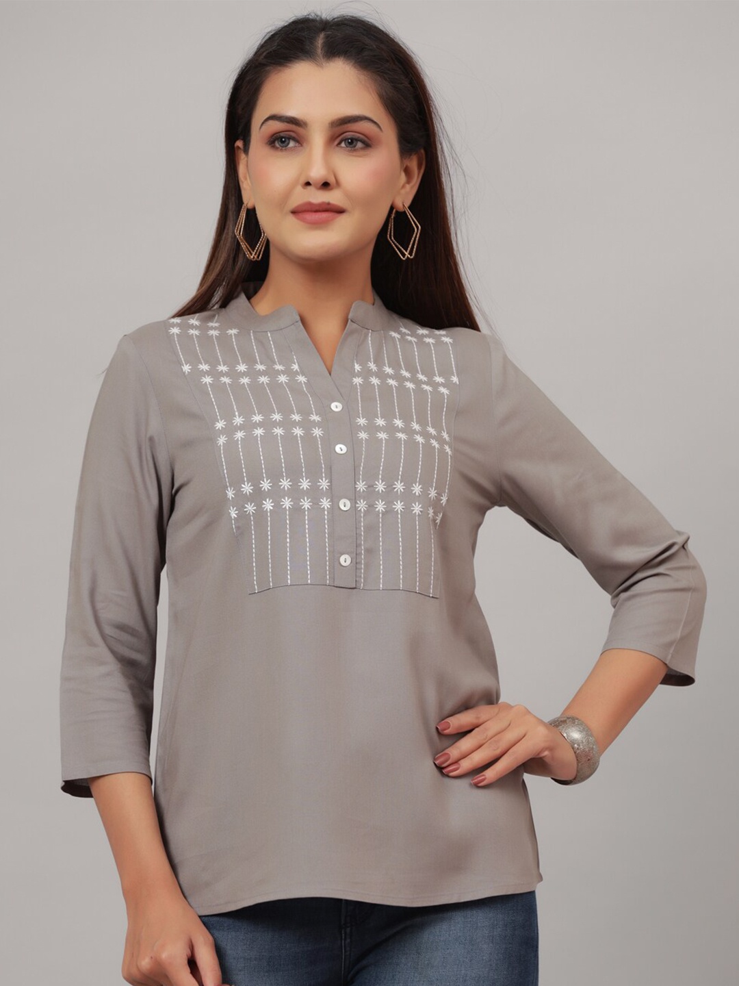 

CRAFTED FOR YOU Floral Printed Mandarin Collar Top, Grey