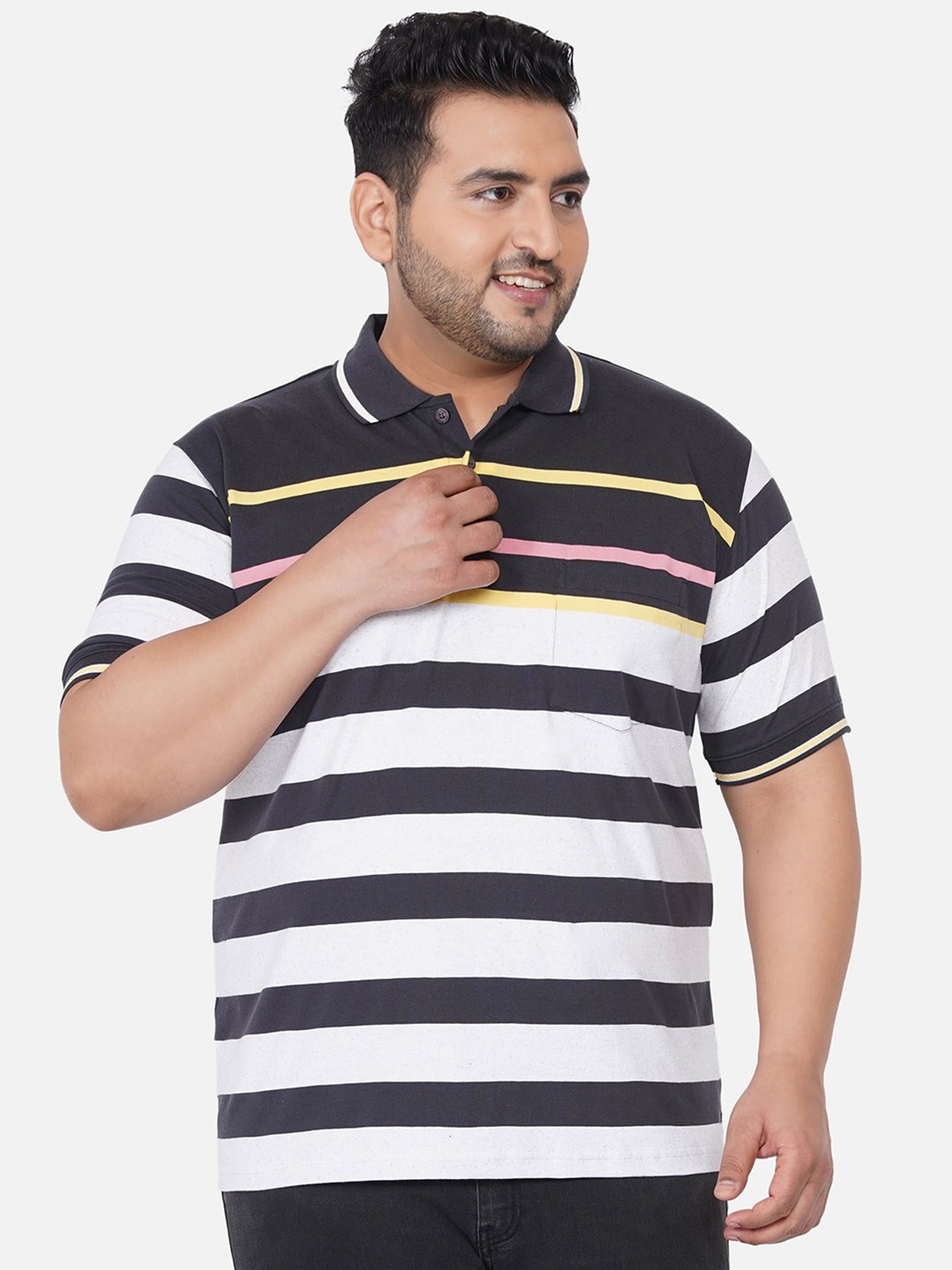 

John Pride Plus Size Charcoal Striped Polo Collar T-shirt