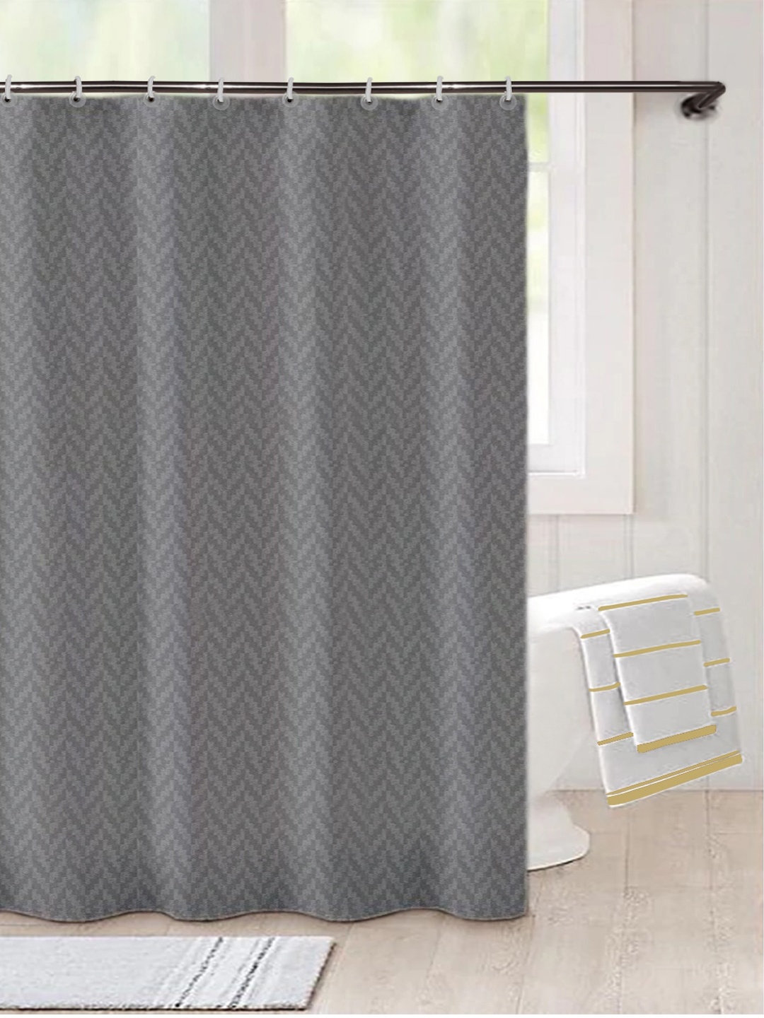 

Lushomes Charcoal Grey Woven Design Water Resistant Shower Curtain
