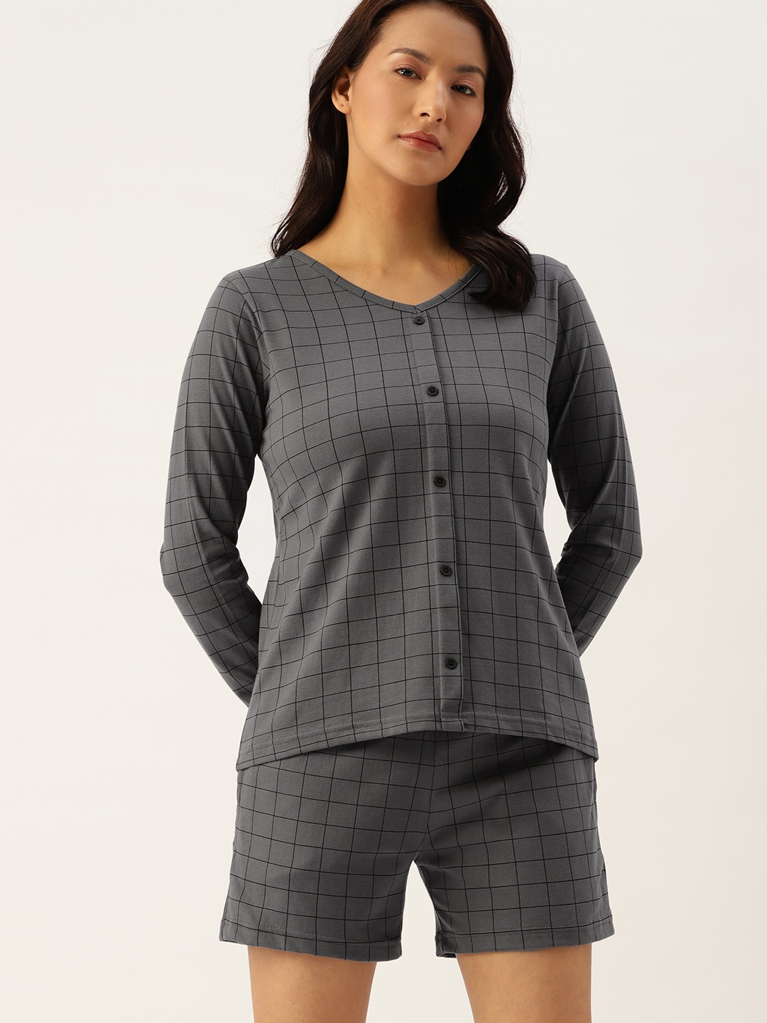 

ETC Women Checked Night Suit, Grey