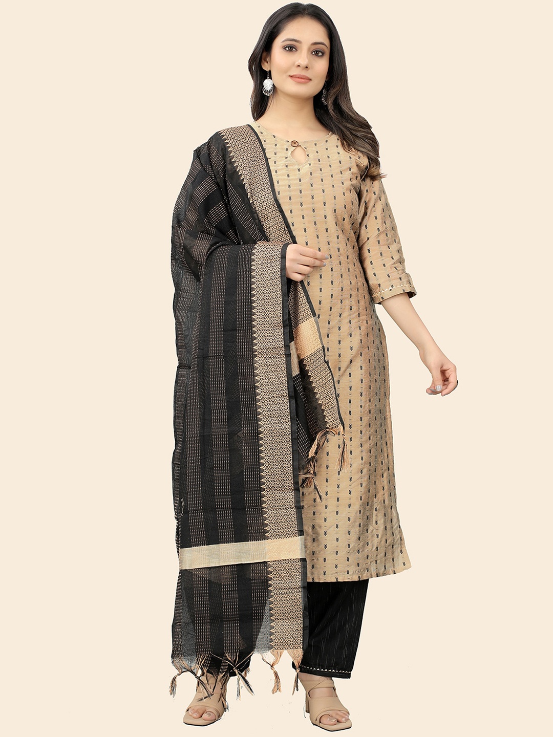 

KALINI Women Pure Cotton Kurta with Trousers & With Dupatta, Beige