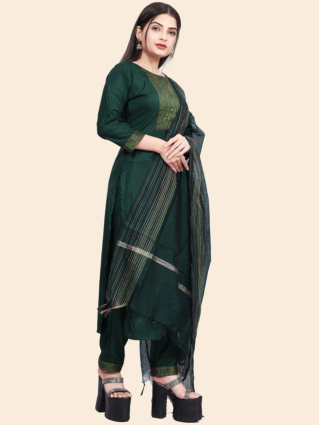 

KALINI Women Yoke Design Pure Cotton Kurta with Trousers & Dupatta, Green
