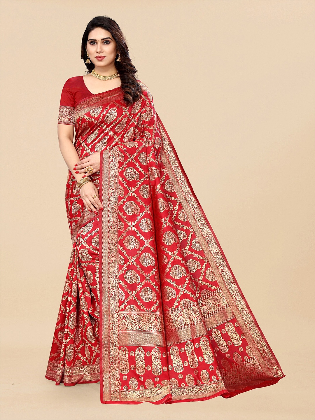 

Sidhidata Ethnic Motifs Woven Design Zari Kanjeevaram Saree, Red