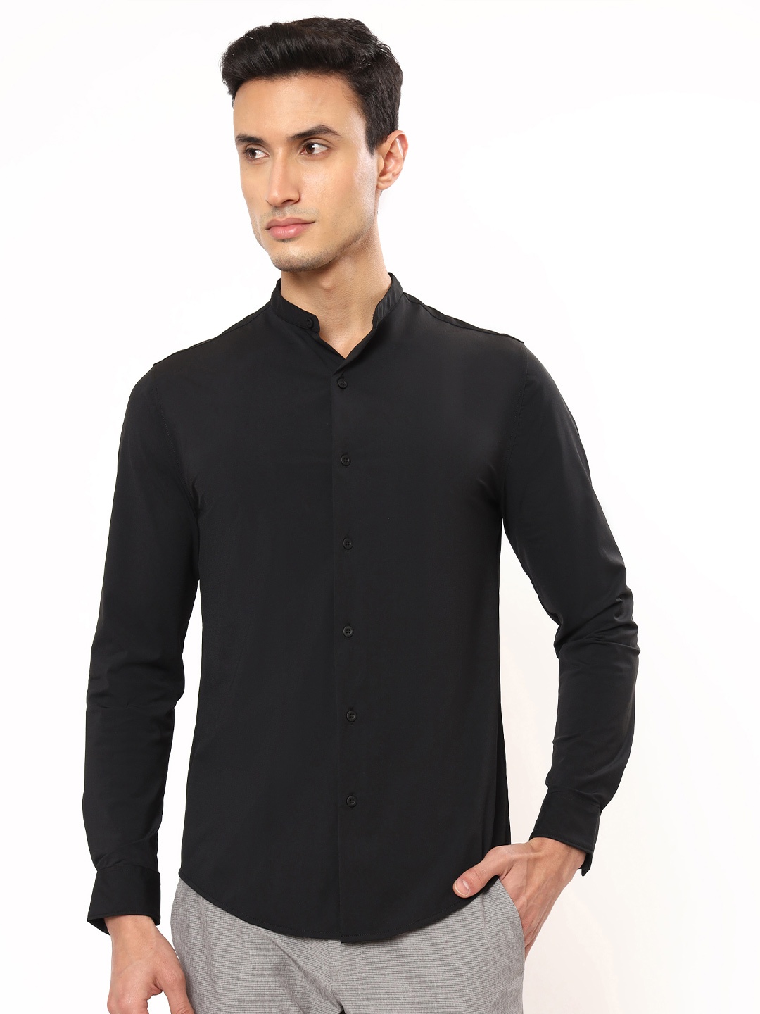 

CULT Slim Fit Band Collar Solid Shirt, Black