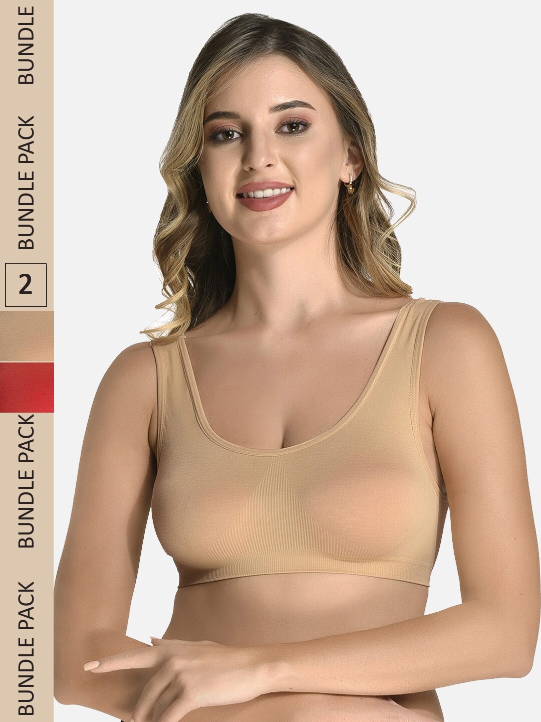 StyFun Pack Of 2 Non Padded Seamless Sports Workout Bra, Beige