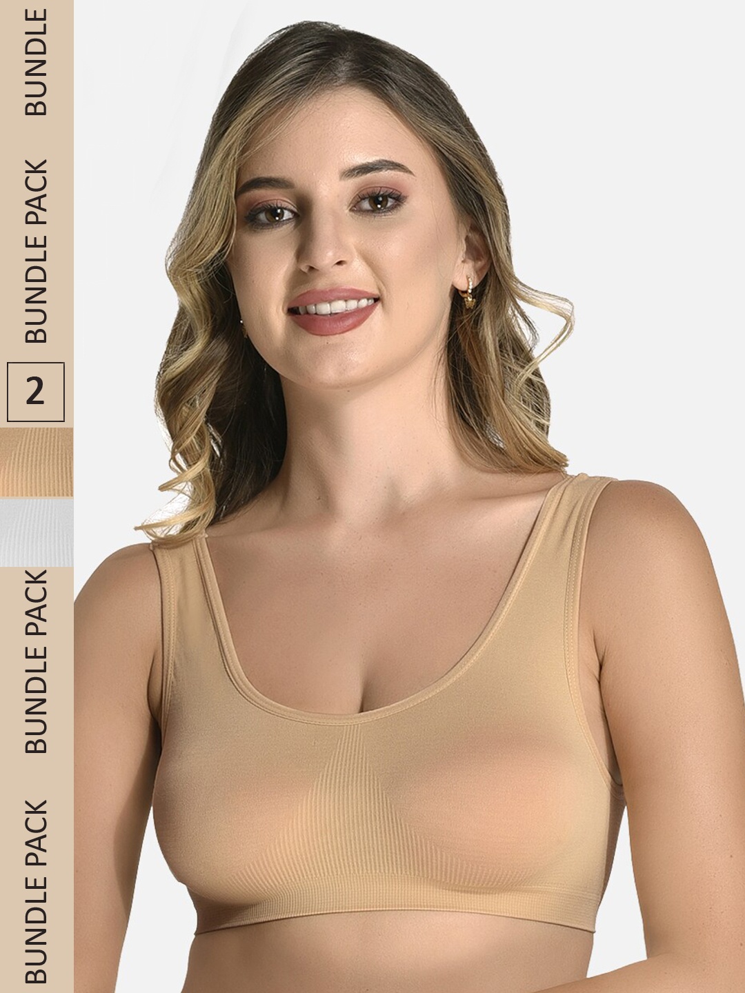 

StyFun Pack of 2 Non Padded Non-Wired Seamless All Day Comfort Workout Bra, Beige