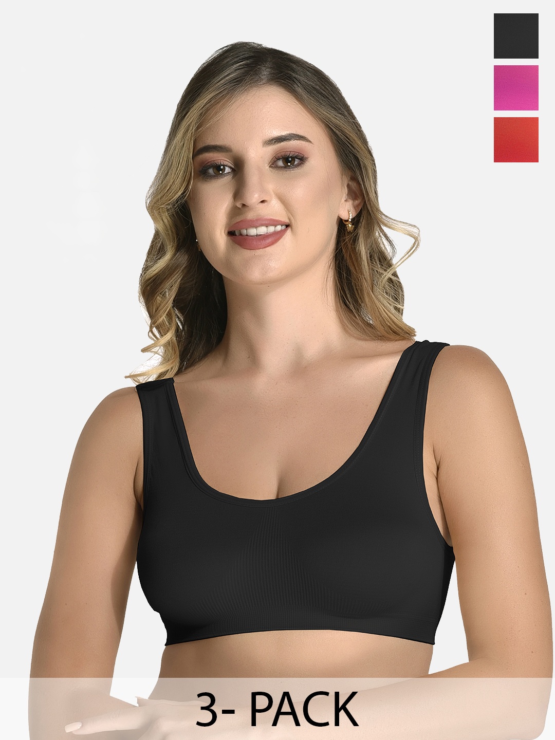 StyFun Pack Of 3 Workout Dry Fit Low Support Non Padded Sports Bra, Black