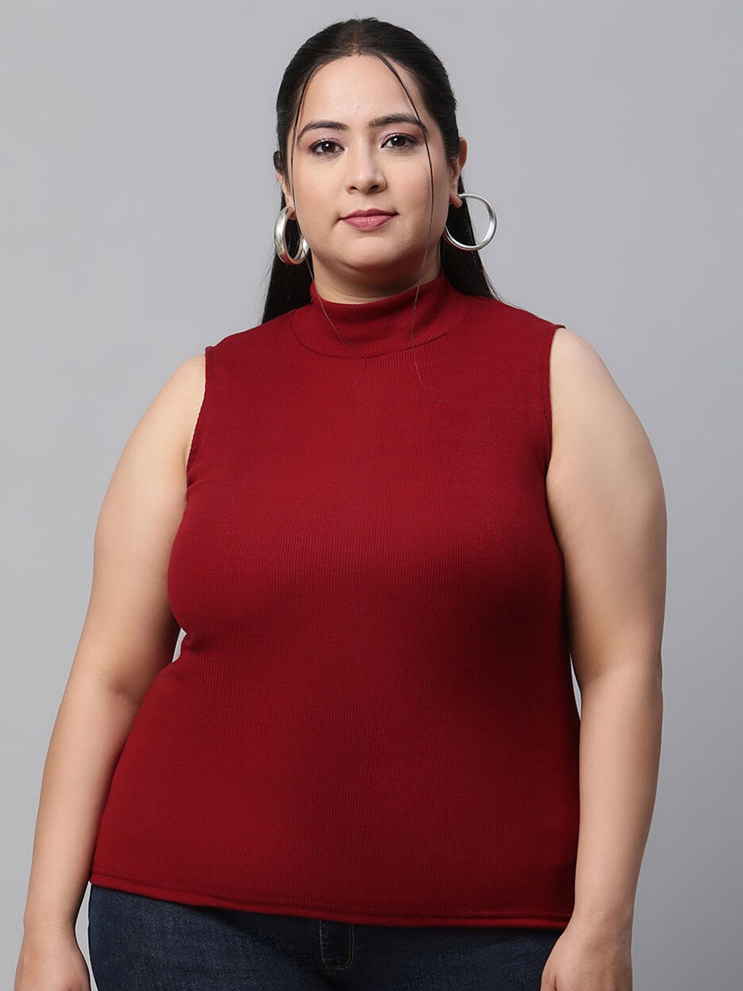 

UnaOne Plus Size High Neck Cotton Top, Maroon