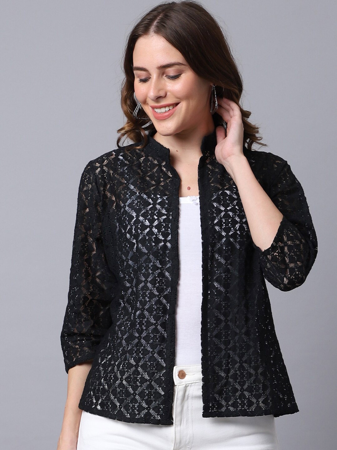 

UnaOne Women Self Design Cotton Open Front Crop Shrug, Black