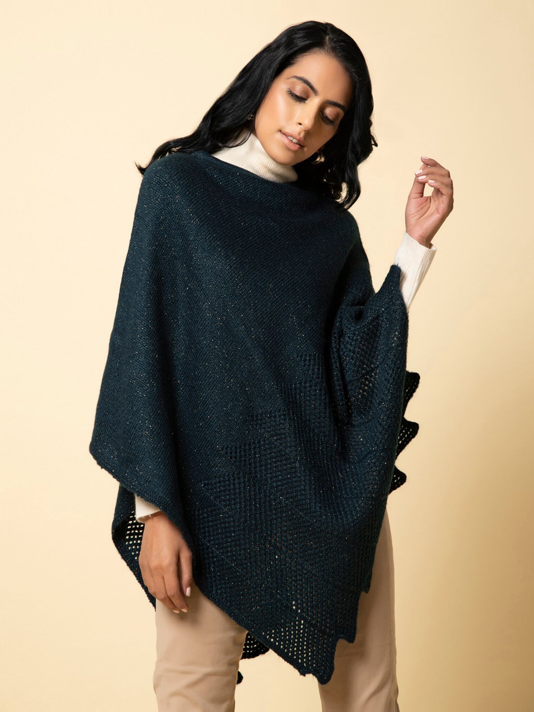 

KHALEEJ Women Wool Asymmetric Poncho, Navy blue