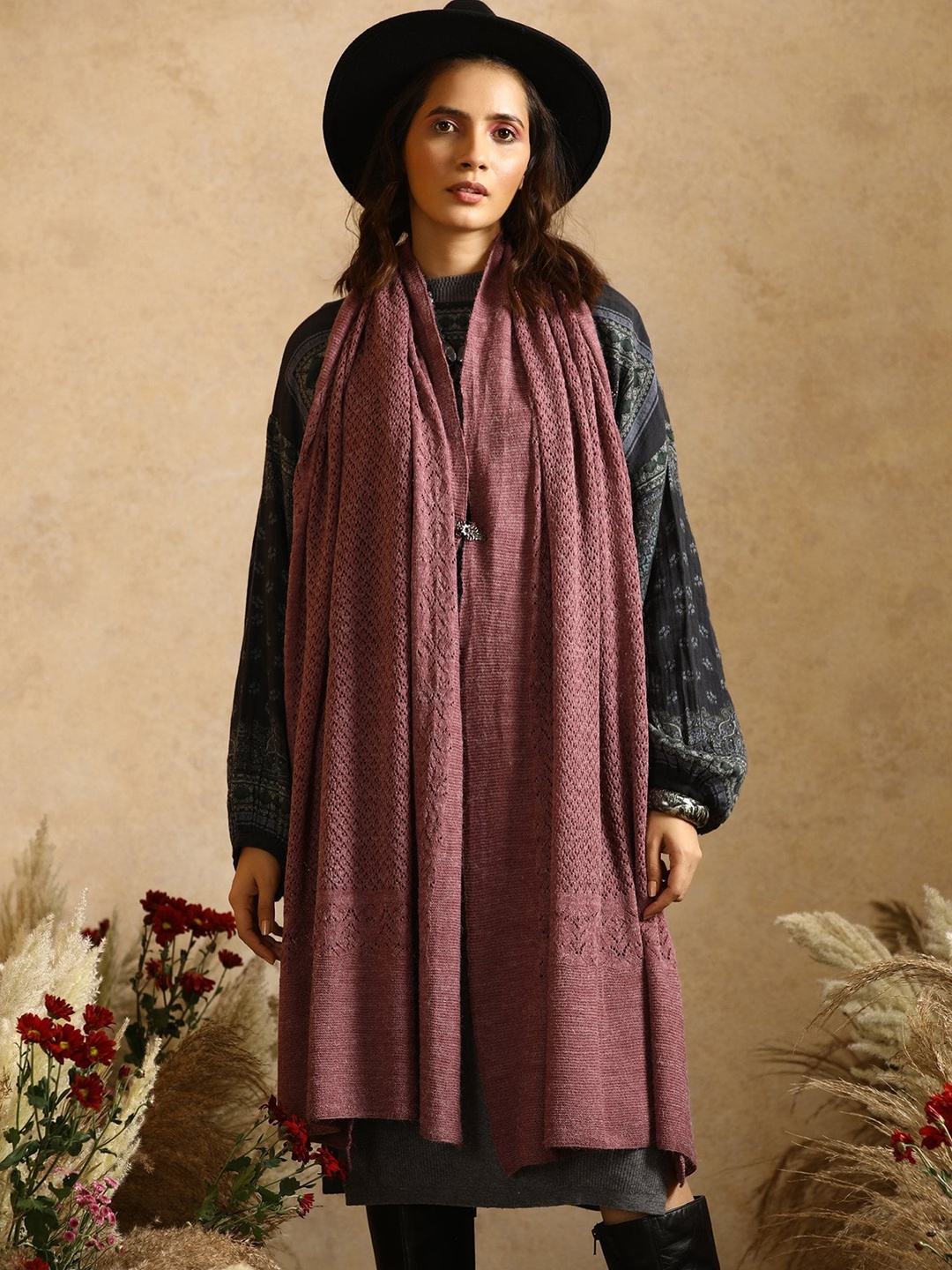 

KHALEEJ Women Asymmetric Closure Longline Wool Poncho, Pink