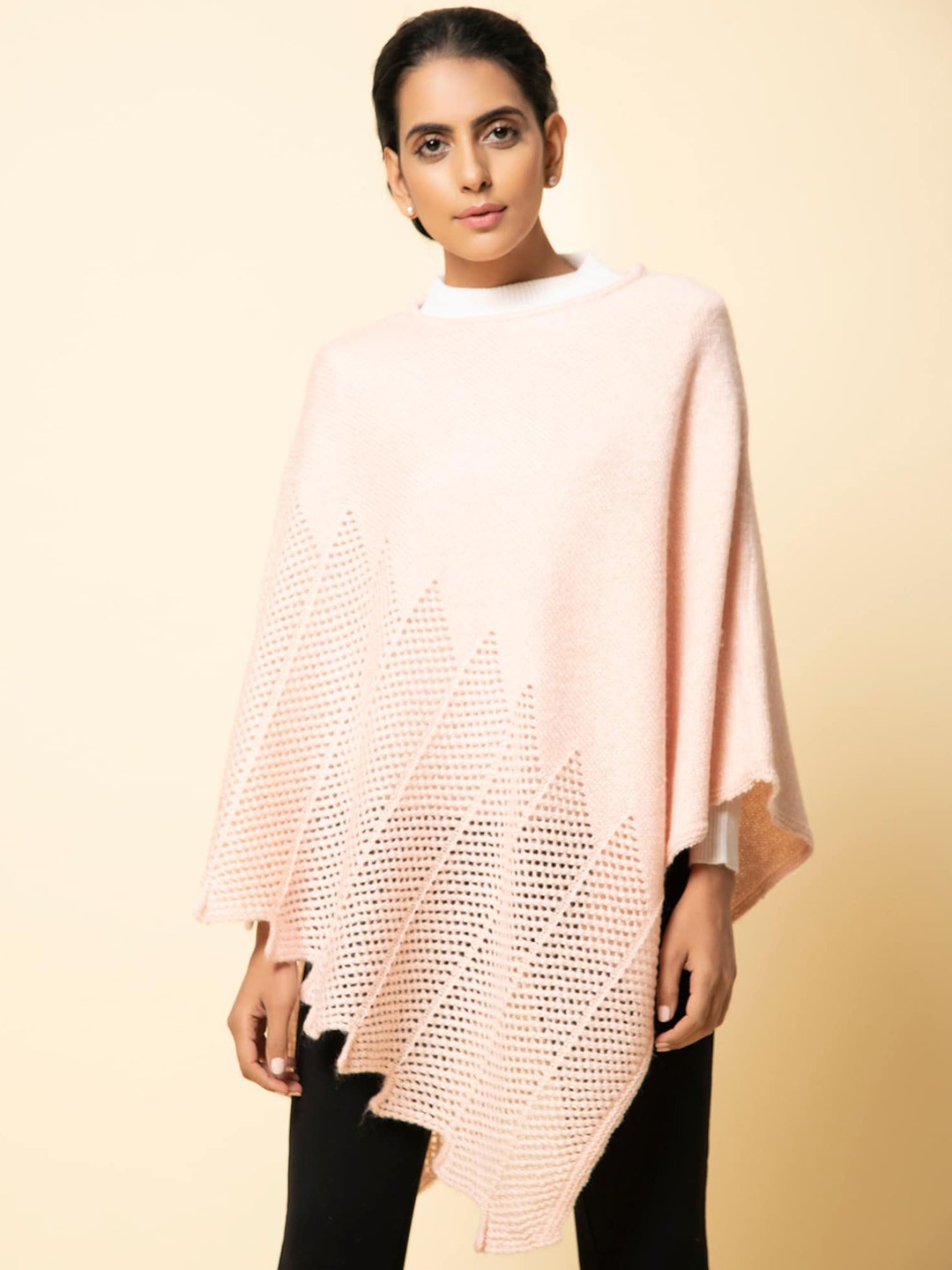 

KHALEEJ Women Asymmetric Longline Wool Poncho, Pink