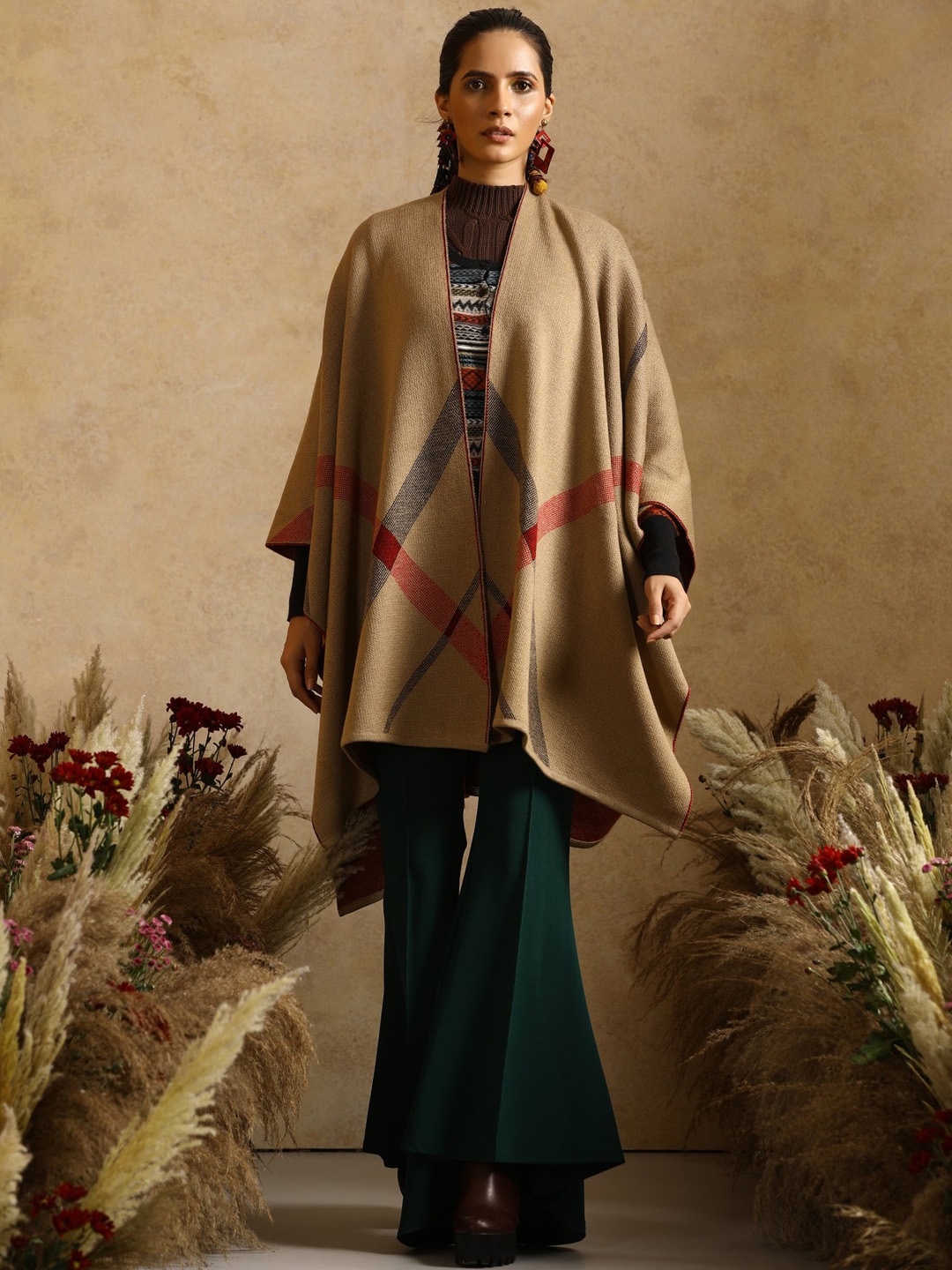 

KHALEEJ Women Asymmetric Closure Wool Cape Jacket, Brown