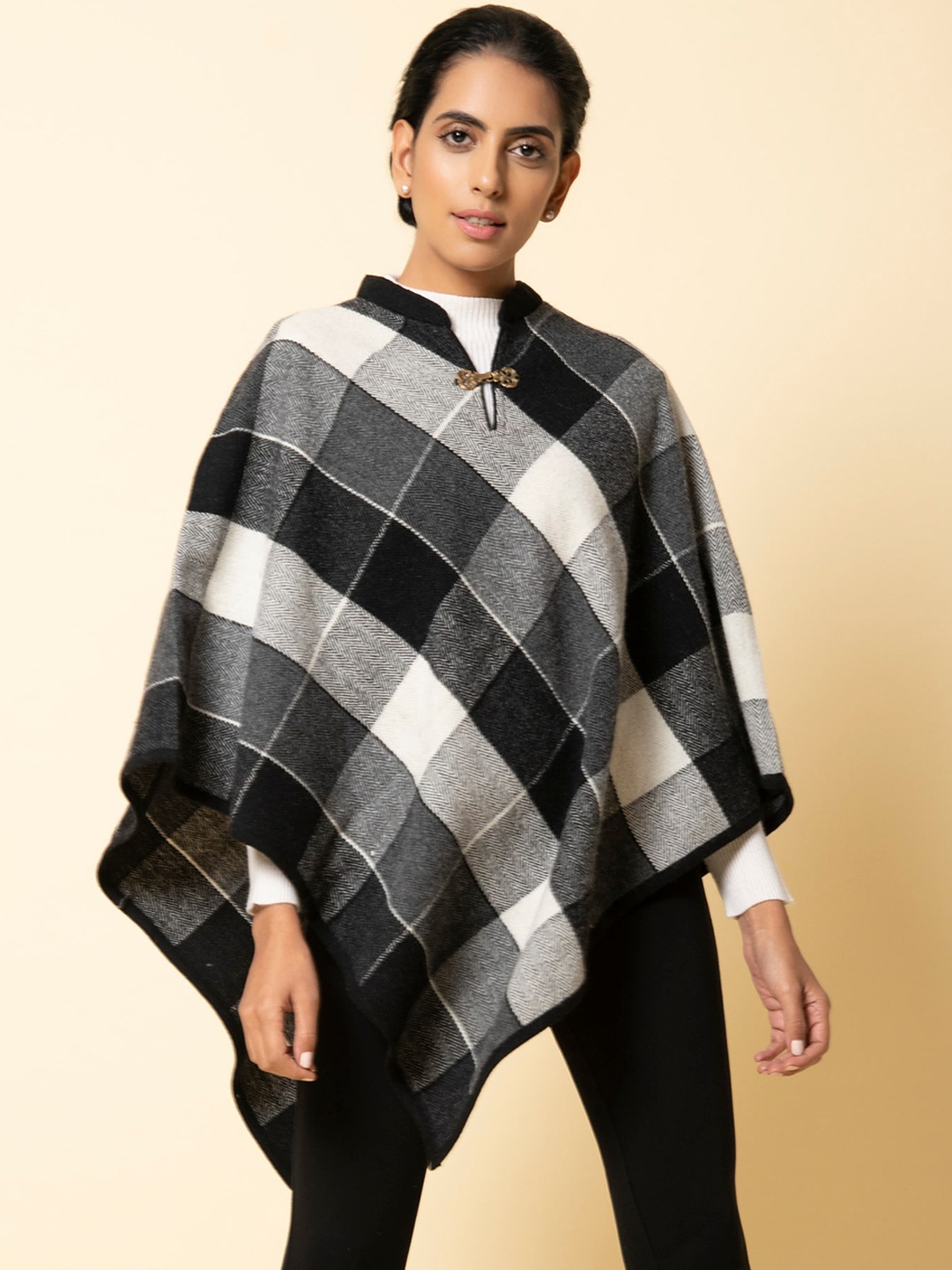 

KHALEEJ Women Wool Checked Longline Poncho, Black