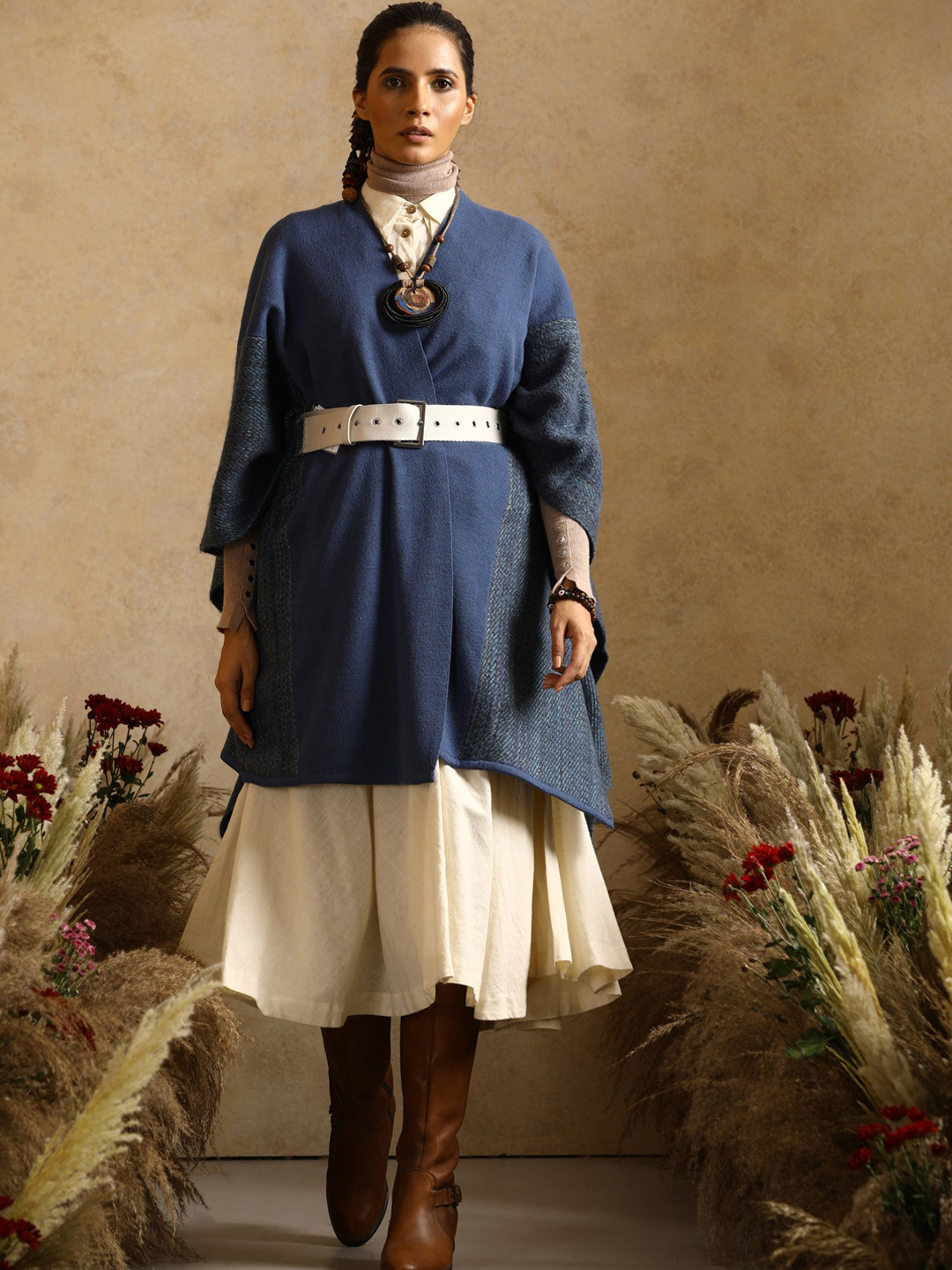 

KHALEEJ Women Asymmetric Closure Wool Cape Jacket, Blue
