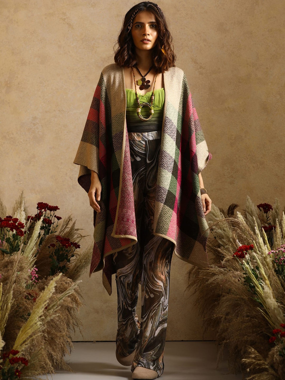 

KHALEEJ Women Asymmetric Closure Wool Cape Jacket, Brown