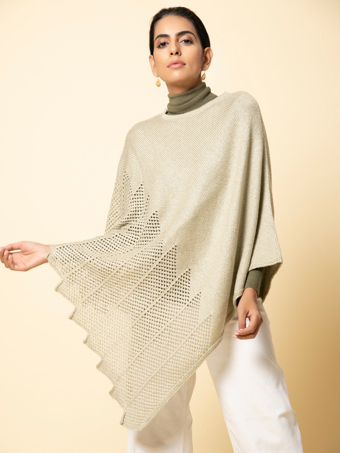 

KHALEEJ Women Asymmetric Closure Wool Poncho, Cream